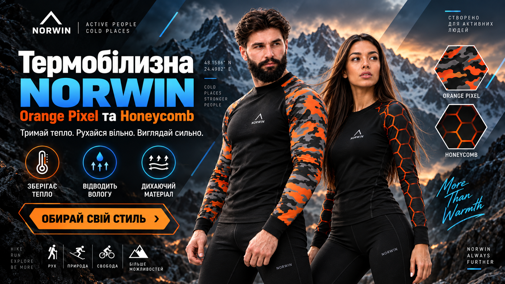Термобілизна NORWIN Orange Pixel та Honeycomb